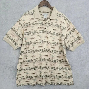 Natural Issue Mens XL Hawaiian Polo Shirt Beige Palm Tree Print 17PT